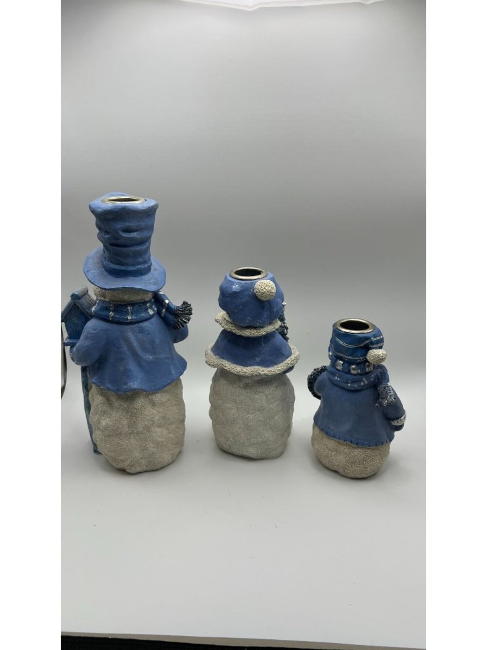 Set Of 3 Snowman Candle Holders With Blue Winter Coats & Glitter Accents - Picture 5 of 5